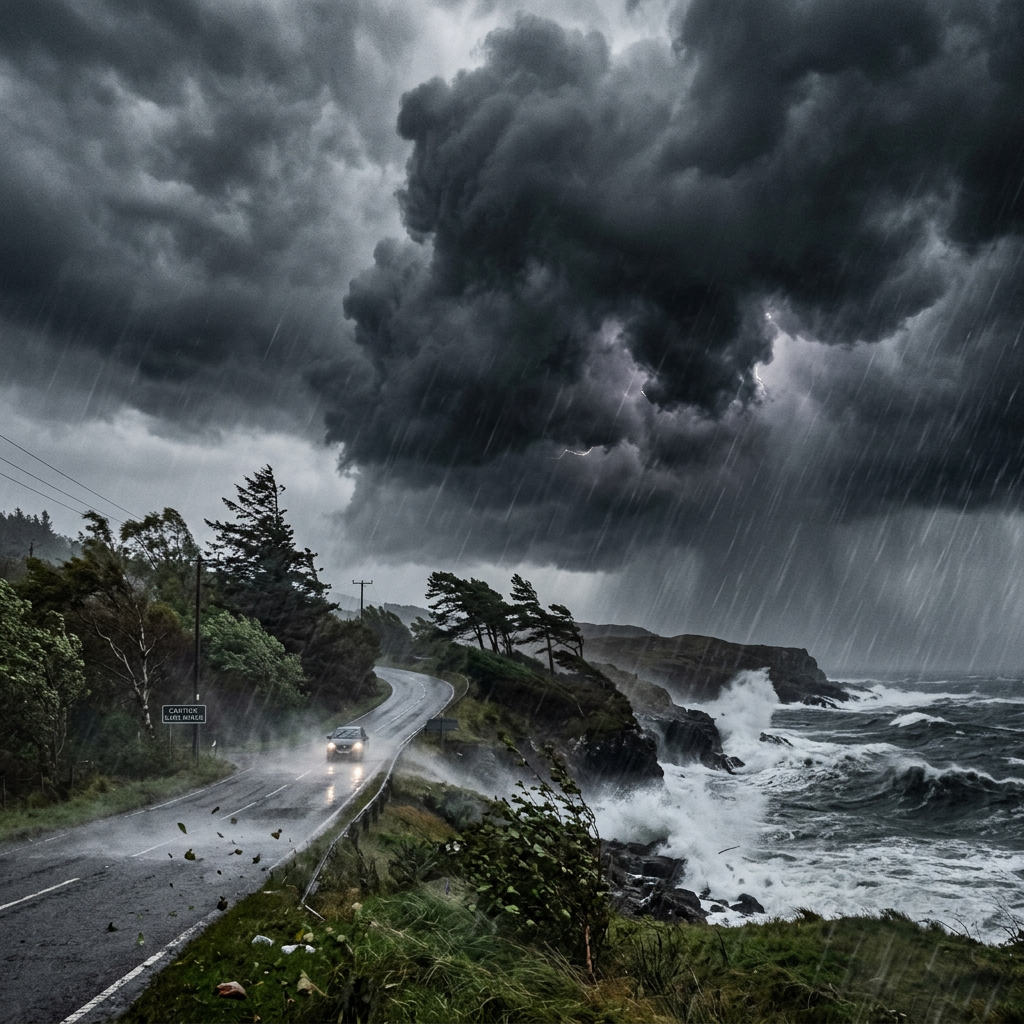 Car driving on wet coastal road under dark storm clouds with heavy rain and crashing waves