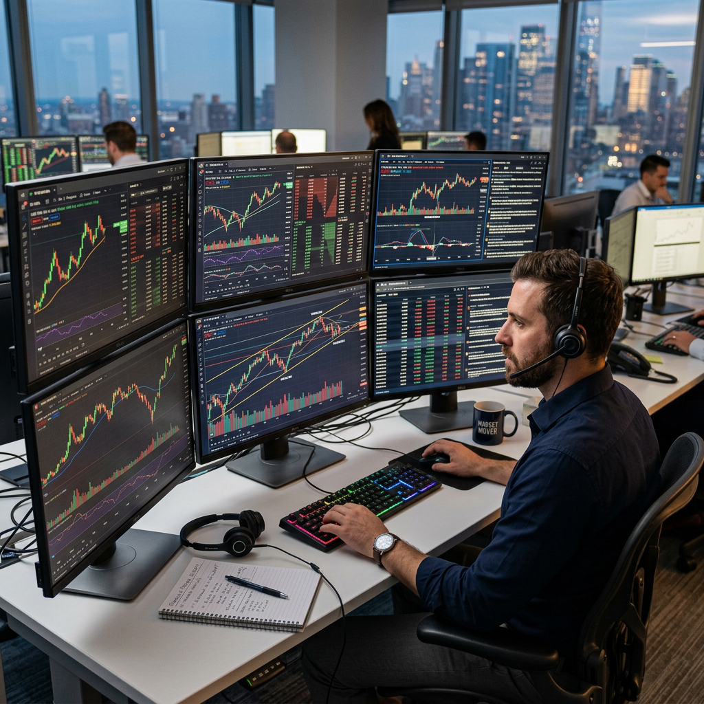 Trader at desk with six monitors displaying stock charts and market data