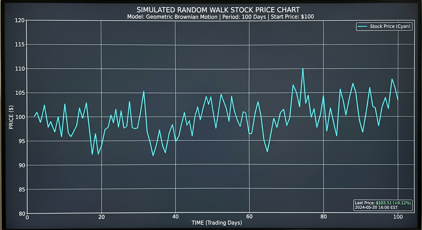 Line chart of simulated stock price fluctuating between $90 and $110 over 100 trading days