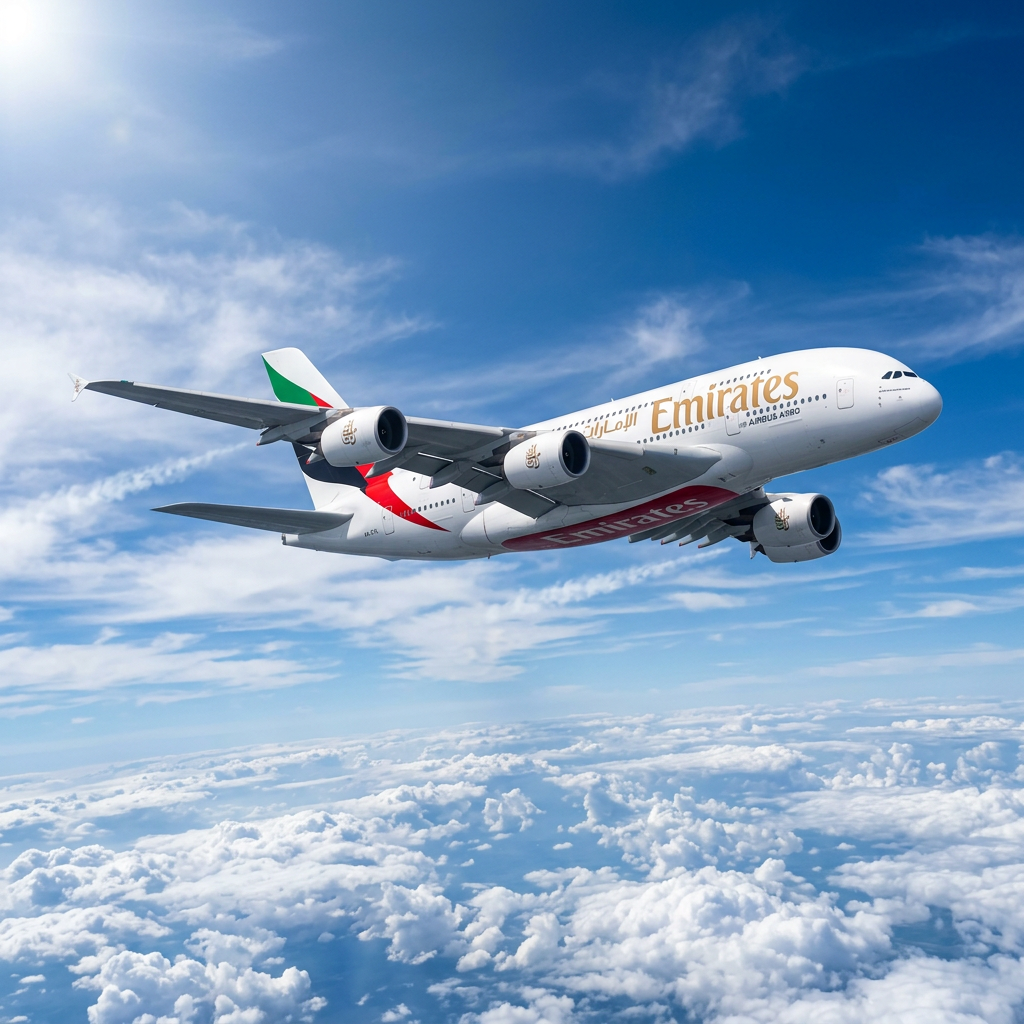 Emirates Airbus A380 airplane flying high above white clouds under a blue sky